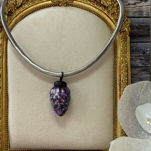 Artisan Silver Necklace with Purple Grape Vintage Ornament Pendant